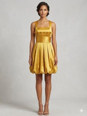 Golden Satin Pleated Bubble-Hem Mini Dress